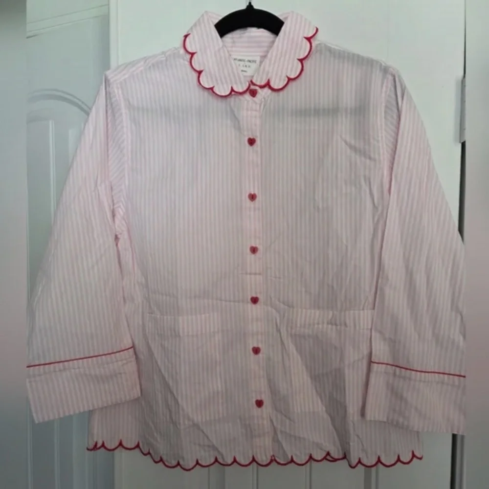 LAKE pajamas Medium M pink striped pj top red piping heart buttons - Picture 2 of 5